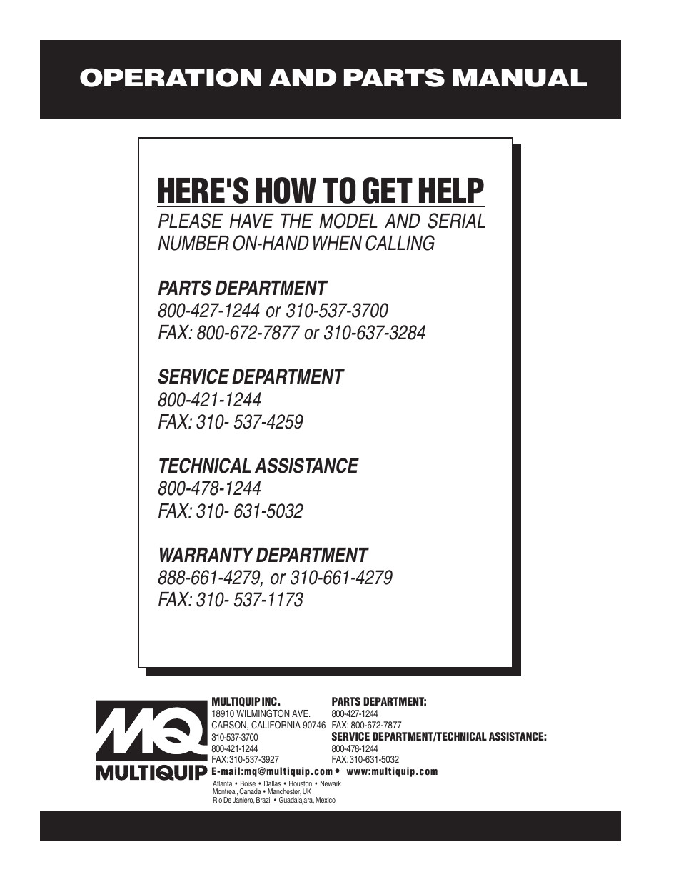 Here's how to get help, Operation and parts manual | Multiquip JTO User Manual | Page 112 / 112