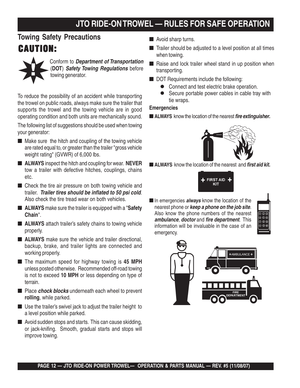 Caution, Jto ride-on trowel — rules for safe operation, Towing safety precautions | Multiquip JTO User Manual | Page 12 / 112