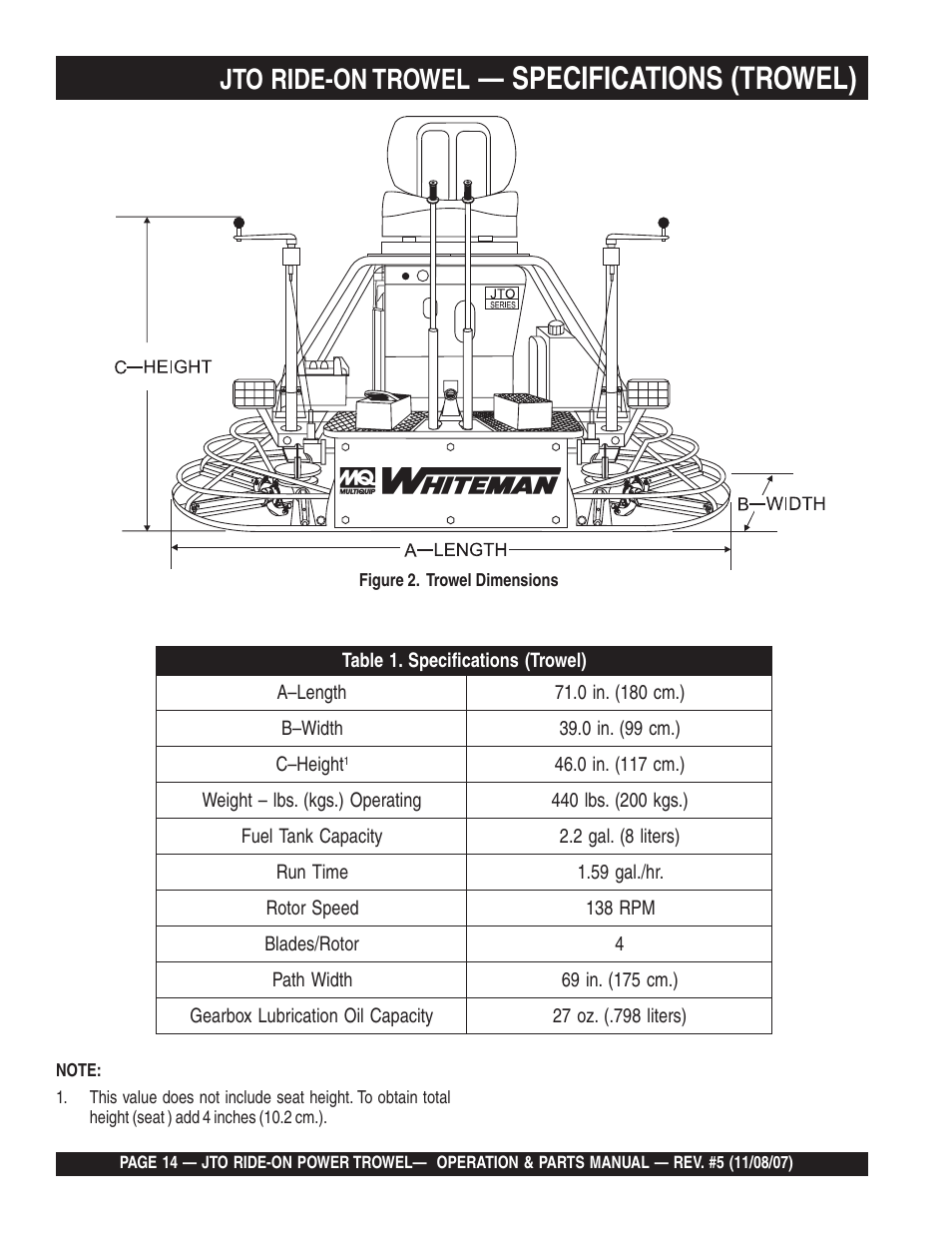 Specifications (trowel), Jto ride-on trowel | Multiquip JTO User Manual | Page 14 / 112
