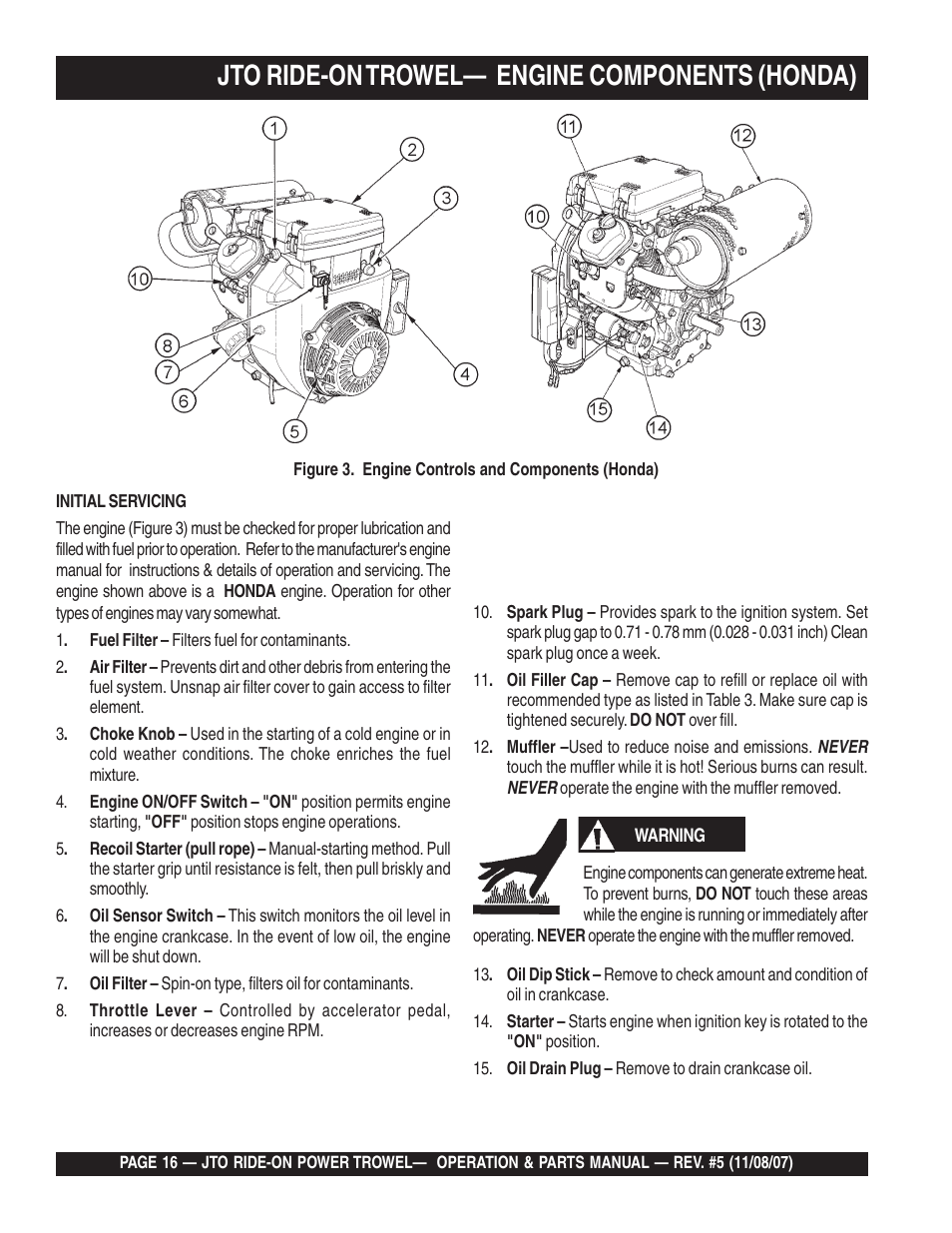 Jto ride-on trowel— engine components (honda) | Multiquip JTO User Manual | Page 16 / 112