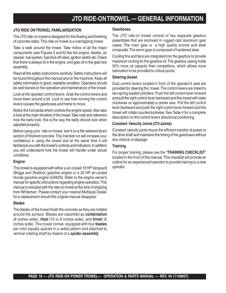 Jto ride-on trowel — general information | Multiquip JTO User Manual | Page 18 / 112