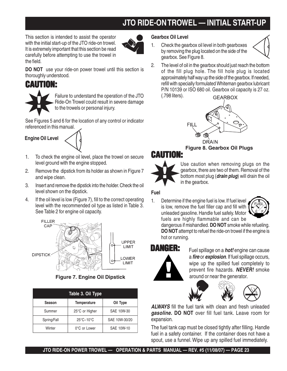Caution, Jto ride-on trowel — initial start-up, Danger | Multiquip JTO User Manual | Page 23 / 112
