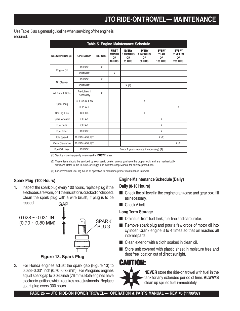 Jto ride-on trowel— maintenance, Caution | Multiquip JTO User Manual | Page 26 / 112