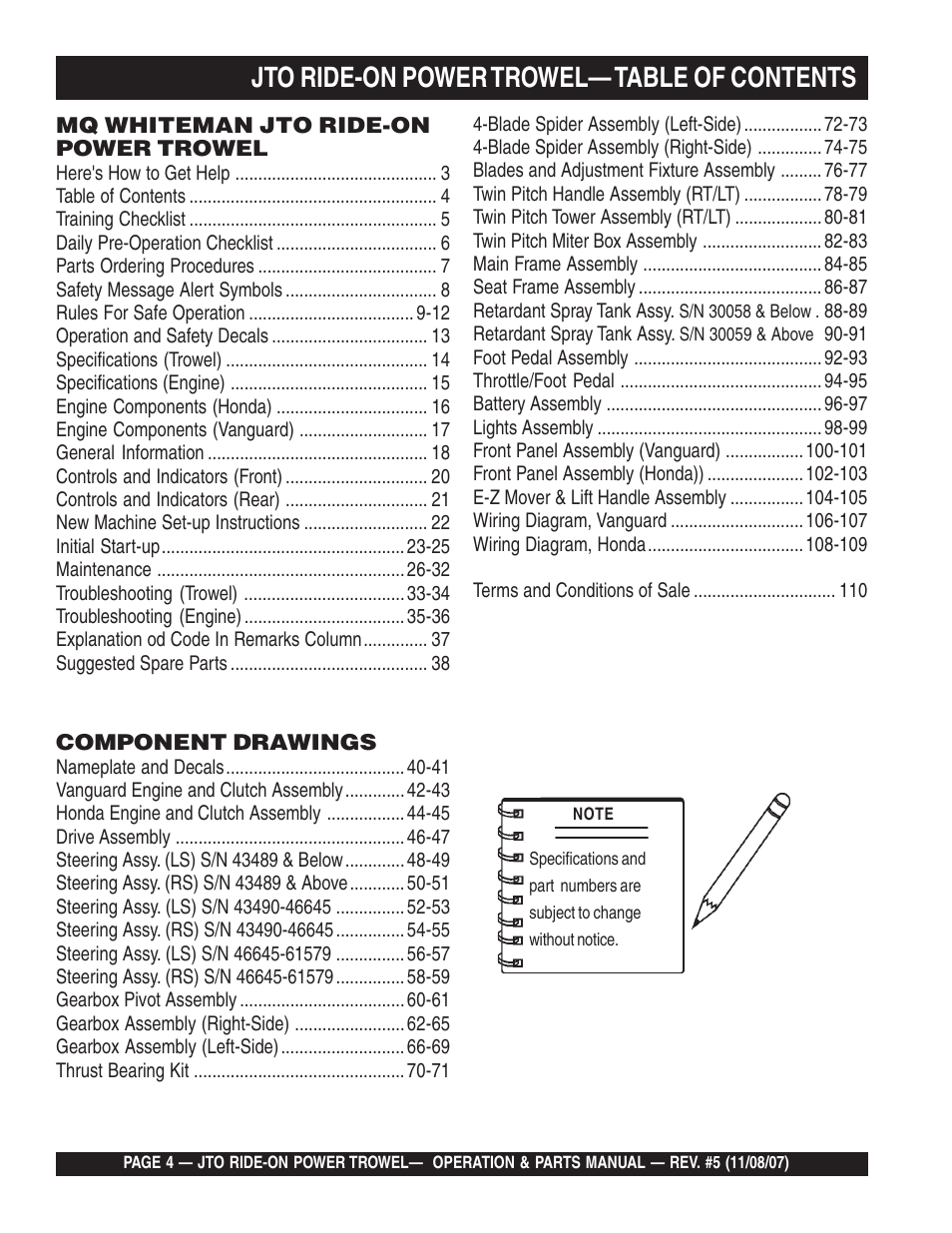 Jto ride-on power trowel— table of contents | Multiquip JTO User Manual | Page 4 / 112