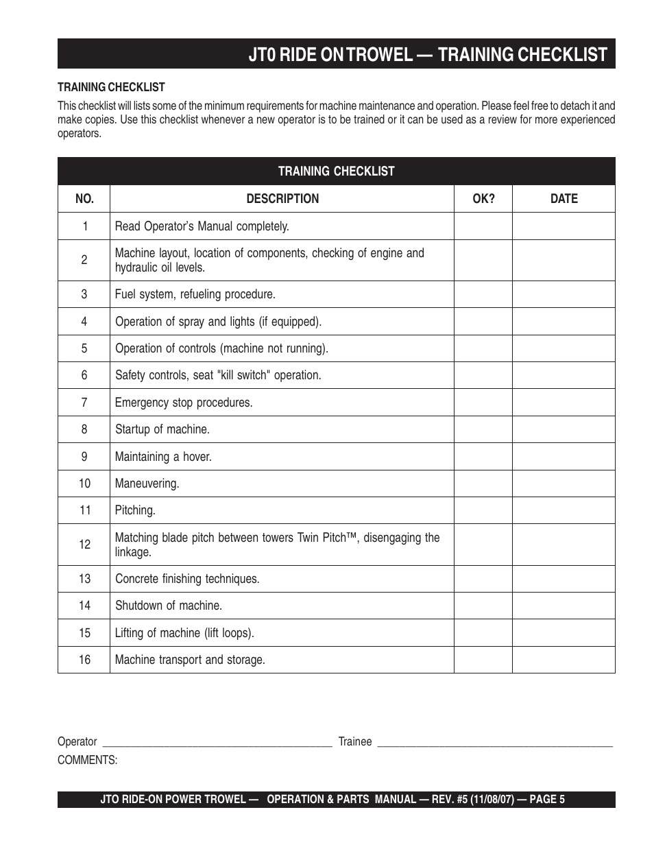 Jt0 ride on trowel — training checklist | Multiquip JTO User Manual | Page 5 / 112