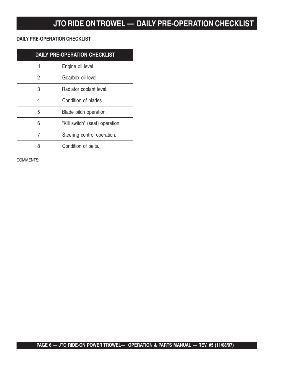 Jto ride on trowel — daily pre-operation checklist | Multiquip JTO User Manual | Page 6 / 112