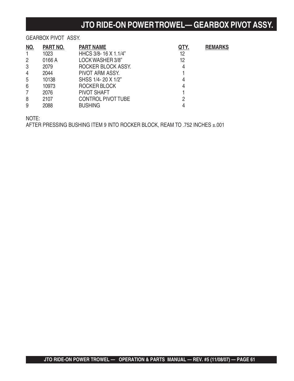 Jto ride-on power trowel— gearbox pivot assy | Multiquip JTO User Manual | Page 61 / 112