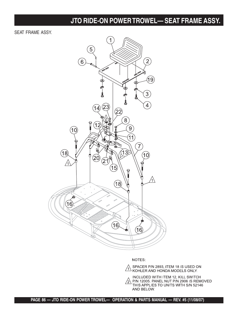 Jto ride-on power trowel— seat frame assy | Multiquip JTO User Manual | Page 86 / 112