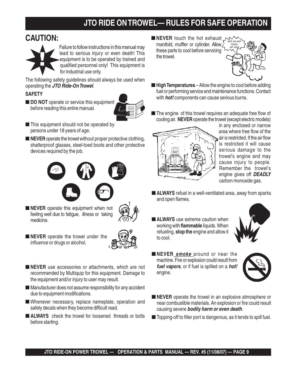 Caution, Jto ride on trowel— rules for safe operation | Multiquip JTO User Manual | Page 9 / 112