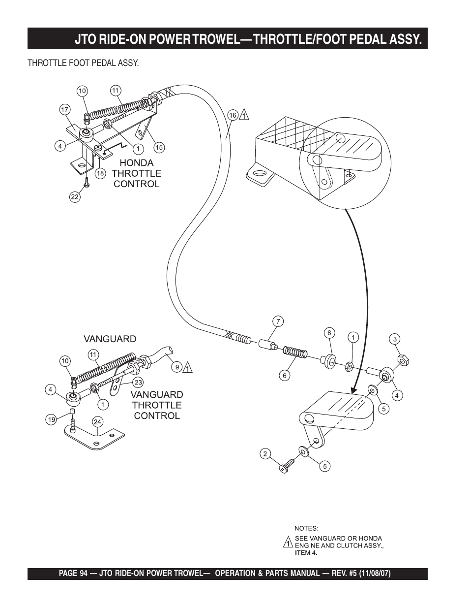 Jto ride-on power trowel— throttle/foot pedal assy | Multiquip JTO User Manual | Page 94 / 112