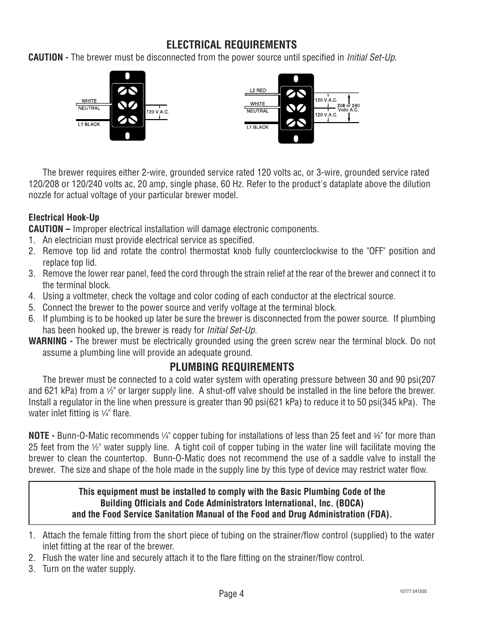 Electrical requirements, Plumbing requirements | Bunn TU5Q User Manual | Page 4 / 23