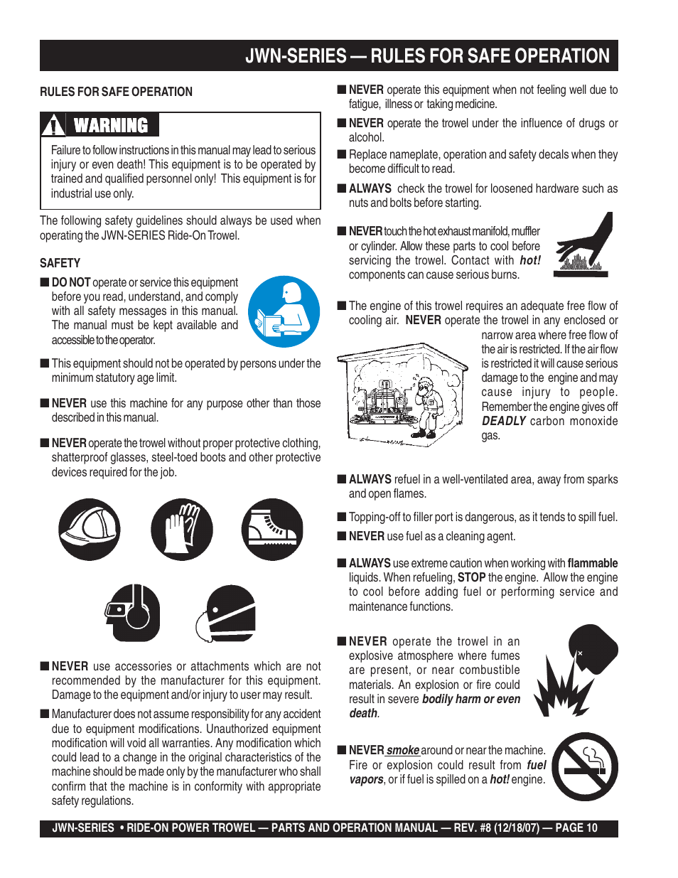 Jwn-series — rules for safe operation, Warning | Multiquip JWN User Manual | Page 10 / 124