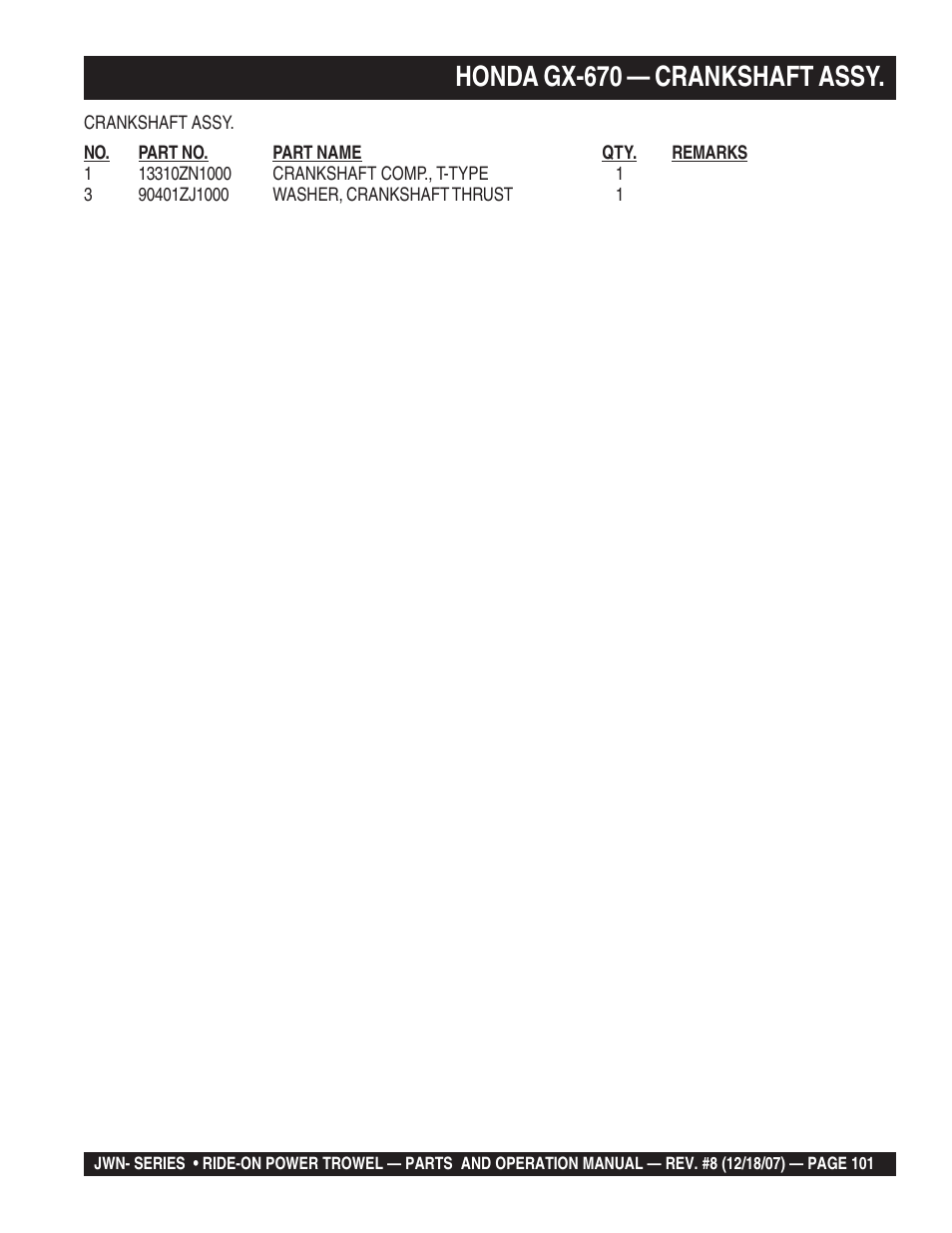 Honda gx-670 — crankshaft assy | Multiquip JWN User Manual | Page 101 / 124