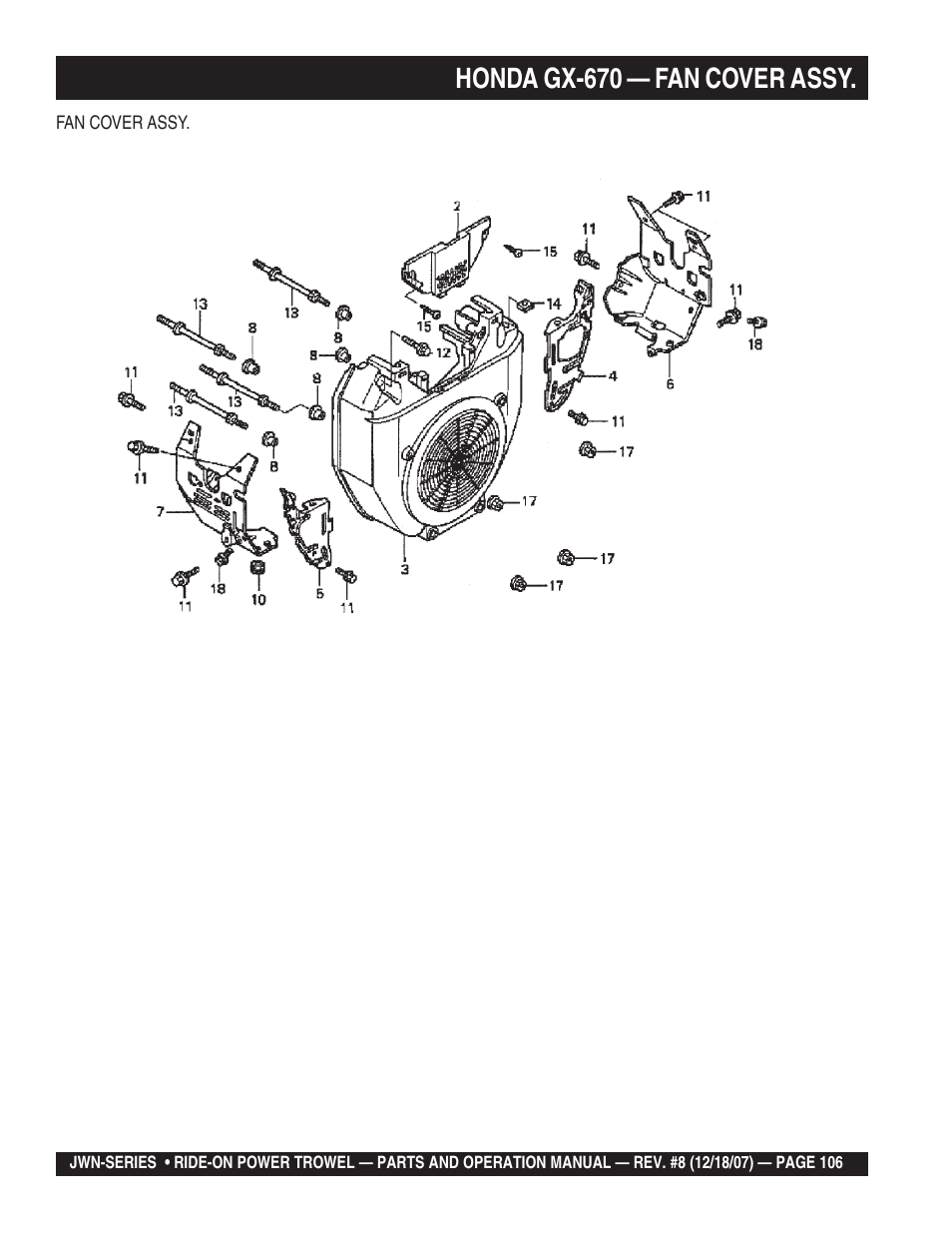 Honda gx-670 — fan cover assy | Multiquip JWN User Manual | Page 106 / 124