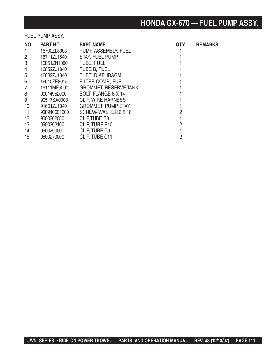 Honda gx-670 — fuel pump assy | Multiquip JWN User Manual | Page 111 / 124