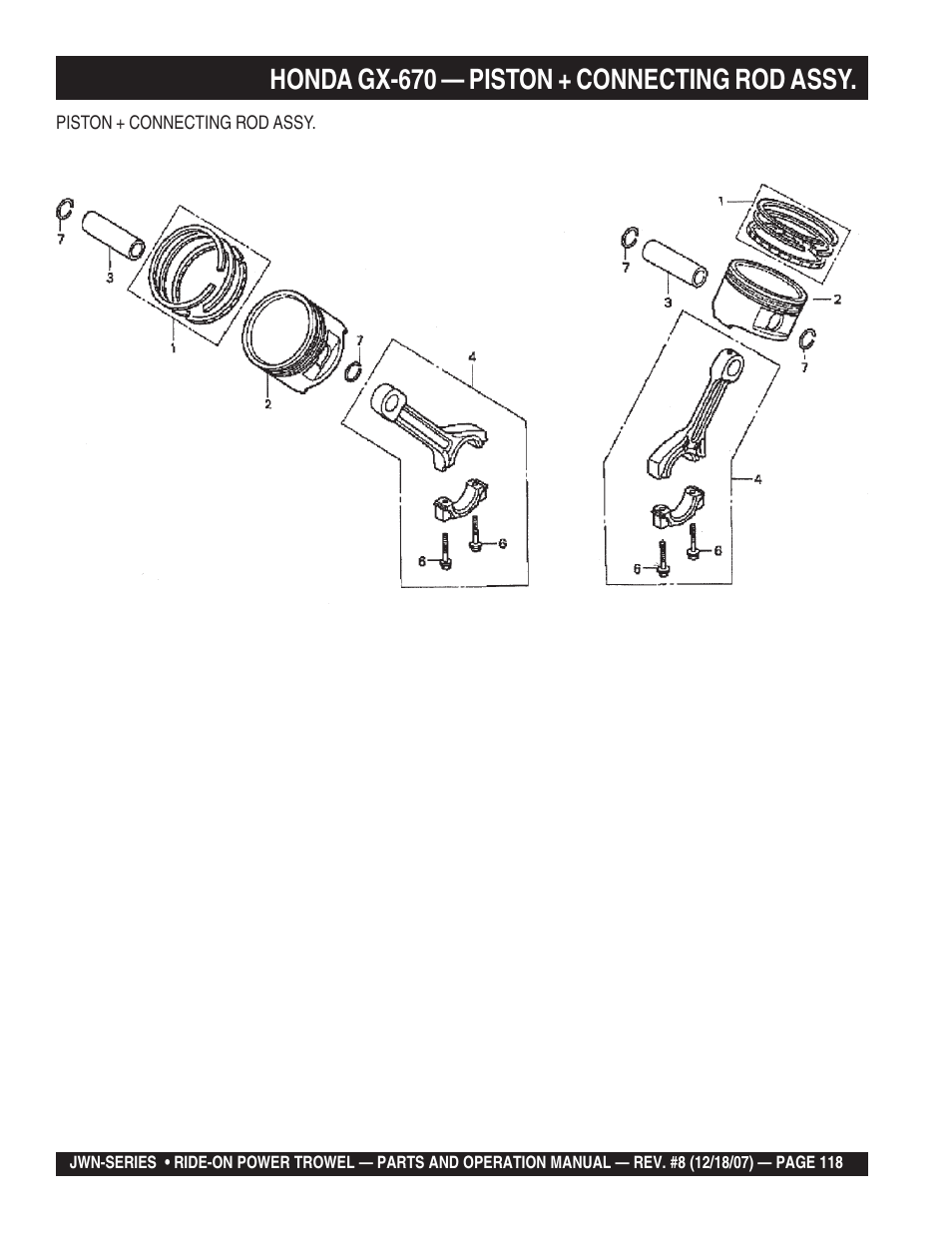 Honda gx-670 — piston + connecting rod assy | Multiquip JWN User Manual | Page 118 / 124