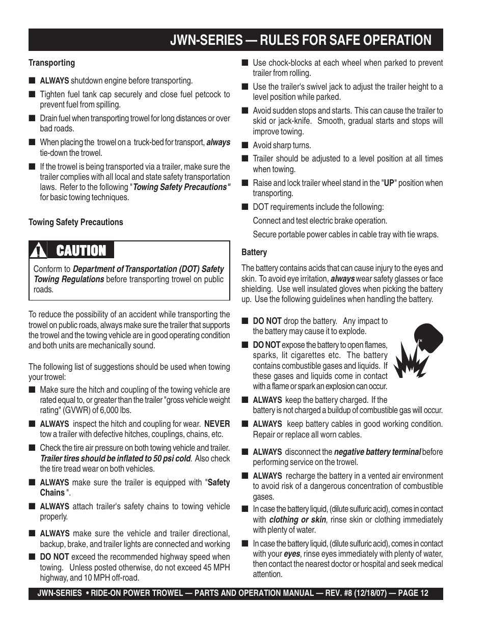 Jwn-series — rules for safe operation, Caution | Multiquip JWN User Manual | Page 12 / 124