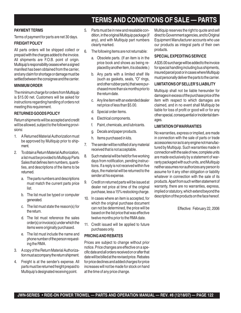 Terms and conditions of sale — parts | Multiquip JWN User Manual | Page 122 / 124