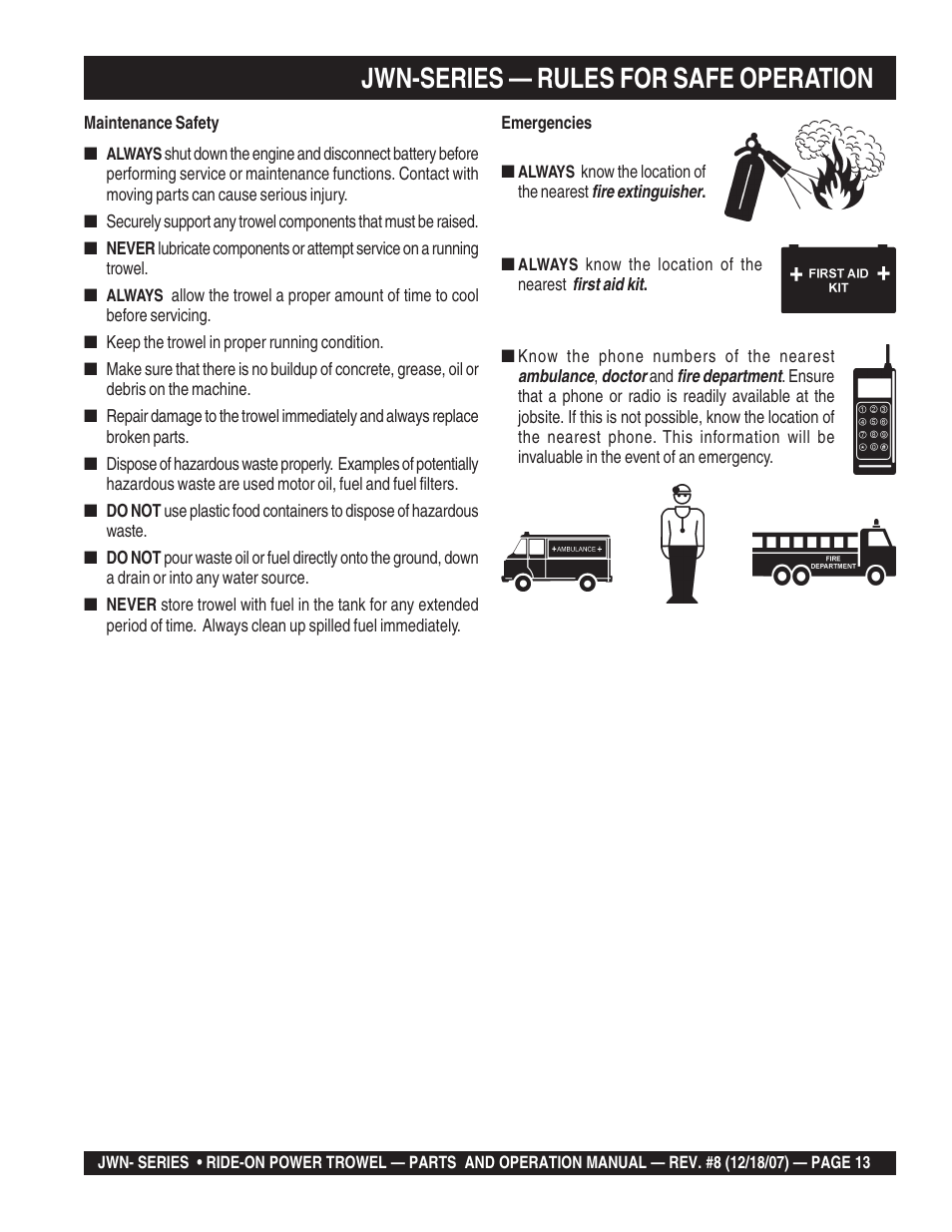 Jwn-series — rules for safe operation | Multiquip JWN User Manual | Page 13 / 124