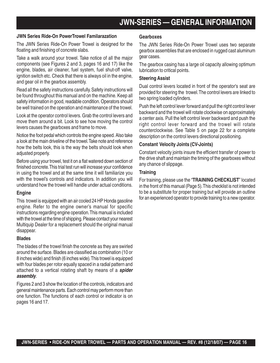 Jwn-series — general information | Multiquip JWN User Manual | Page 16 / 124