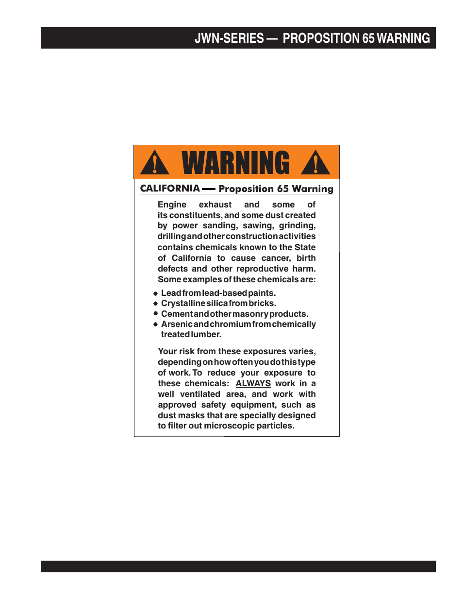 Jwn-series — proposition 65 warning | Multiquip JWN User Manual | Page 2 / 124