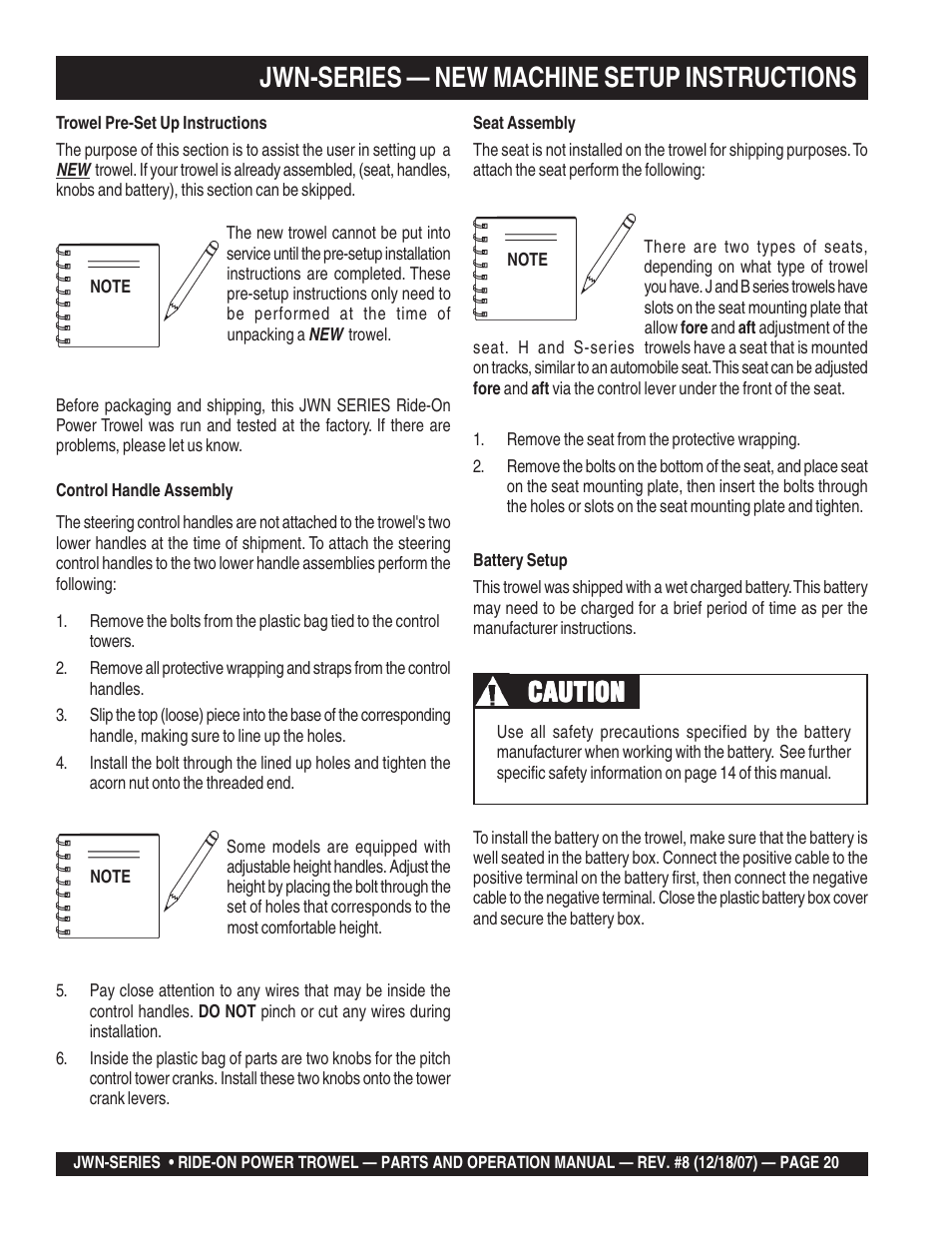 Jwn-series — new machine setup instructions, Caution | Multiquip JWN User Manual | Page 20 / 124