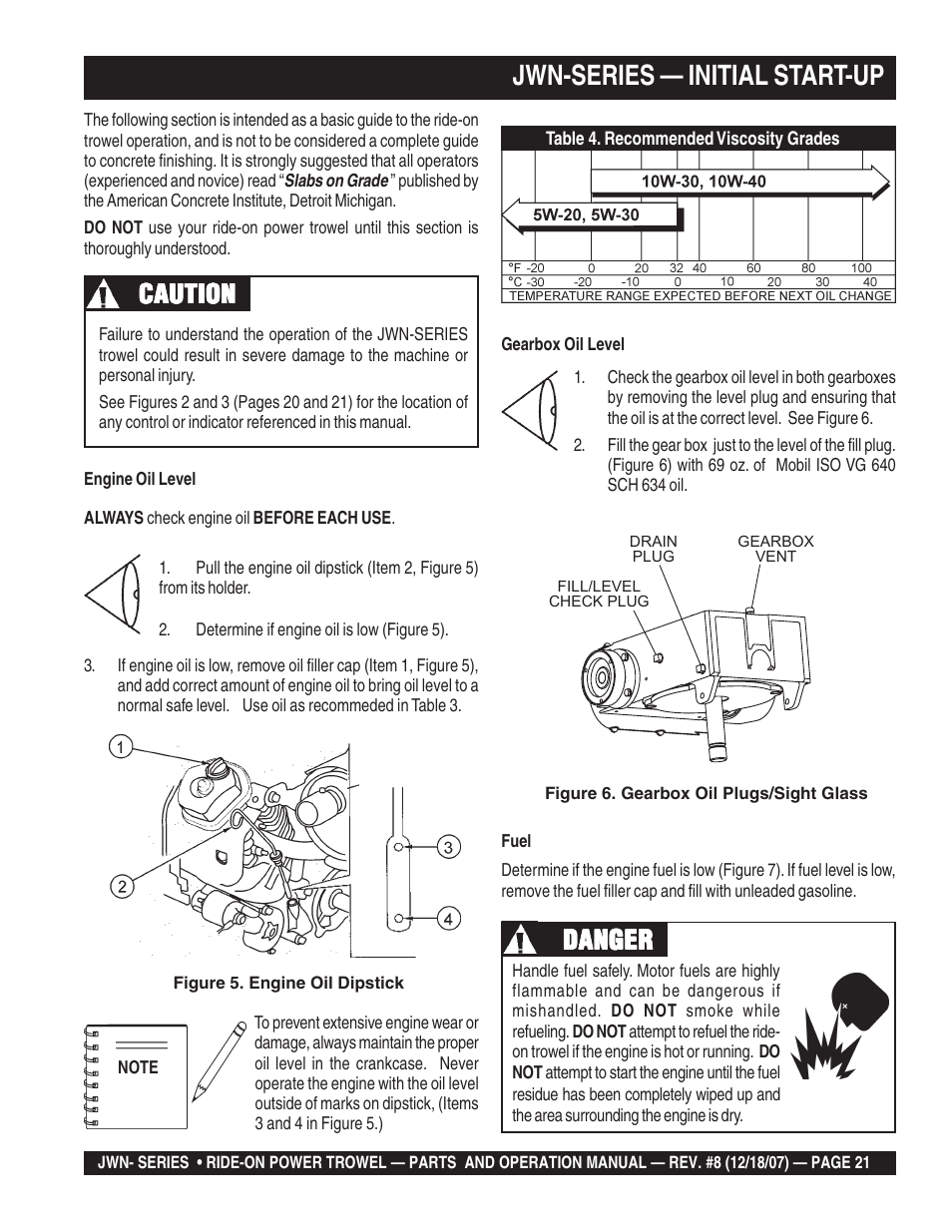 Jwn-series — initial start-up, Caution, Danger | Multiquip JWN User Manual | Page 21 / 124