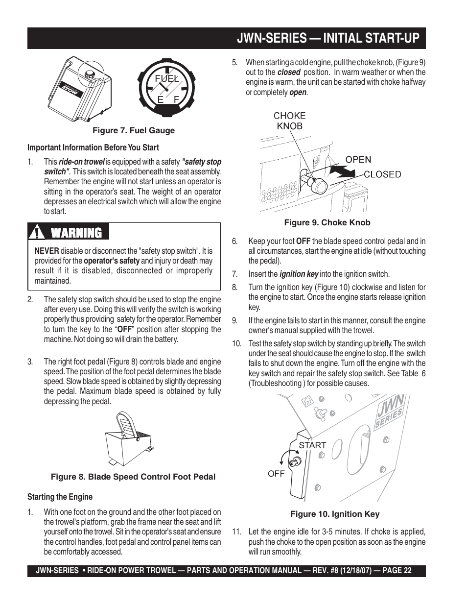 Jwn-series — initial start-up, Warning | Multiquip JWN User Manual | Page 22 / 124