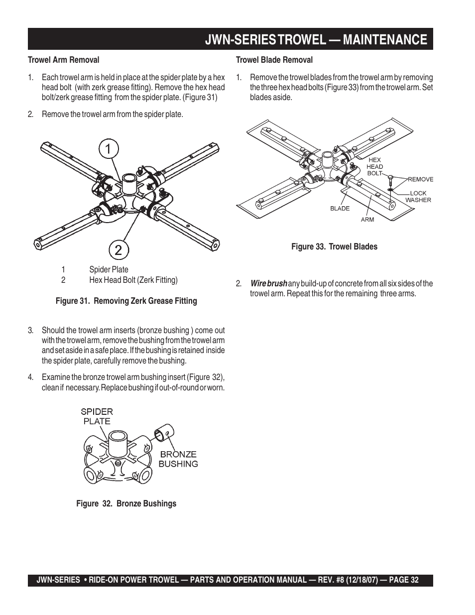 Jwn-series trowel — maintenance | Multiquip JWN User Manual | Page 32 / 124