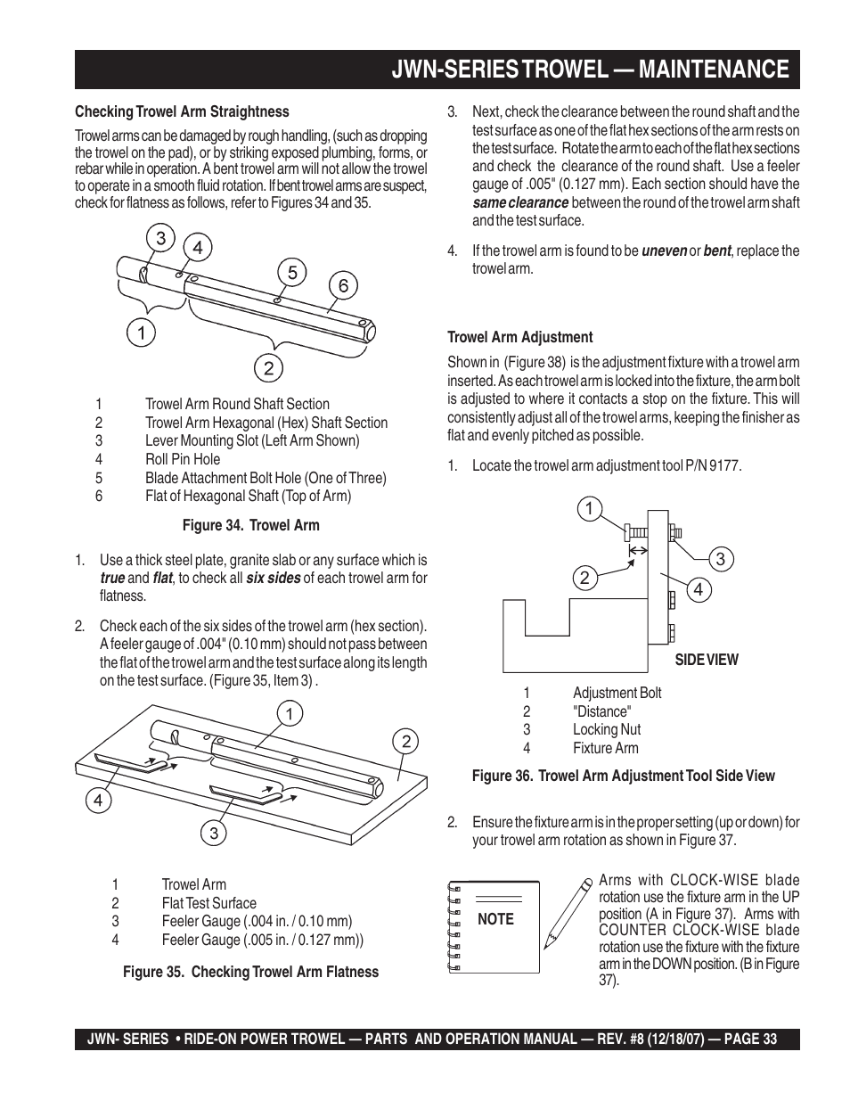 Jwn-series trowel — maintenance | Multiquip JWN User Manual | Page 33 / 124