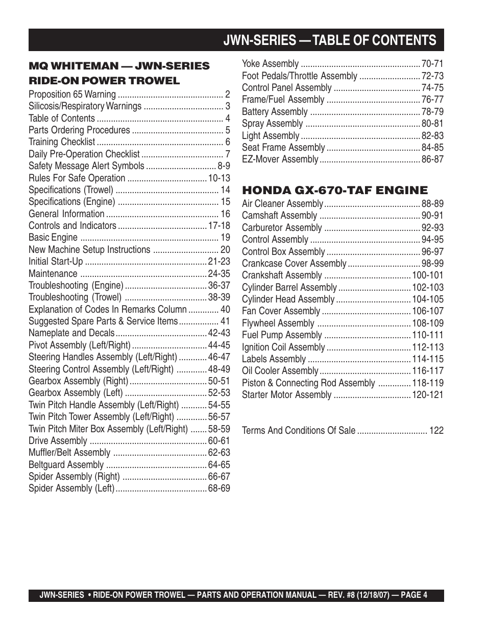 Jwn-series — table of contents | Multiquip JWN User Manual | Page 4 / 124