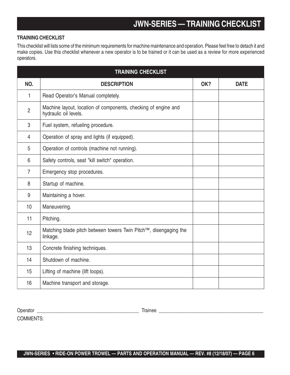 Jwn-series — training checklist | Multiquip JWN User Manual | Page 6 / 124