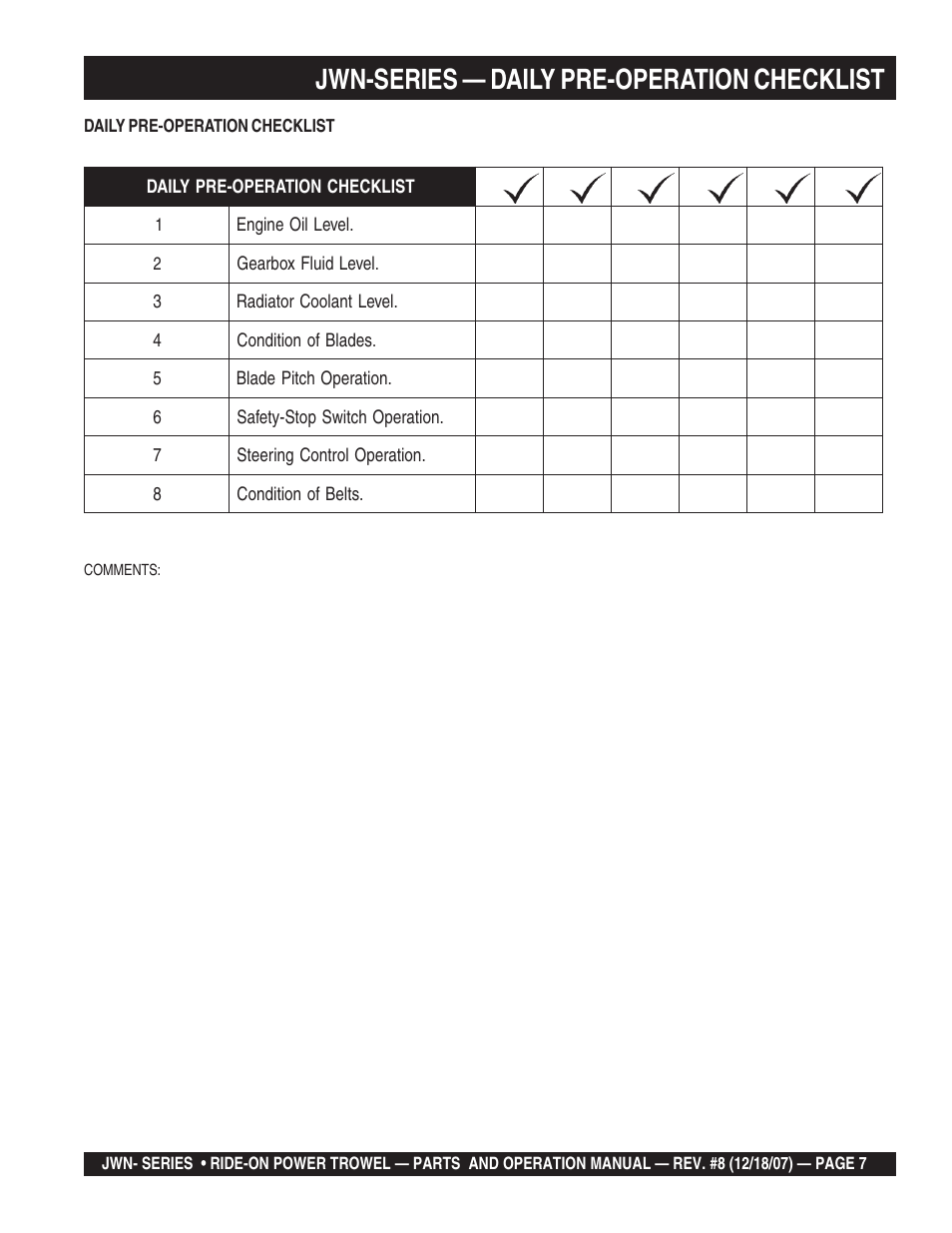 Jwn-series — daily pre-operation checklist | Multiquip JWN User Manual | Page 7 / 124