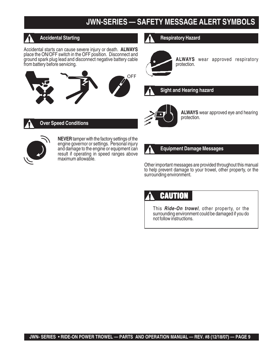 Jwn-series — safety message alert symbols, Caution | Multiquip JWN User Manual | Page 9 / 124