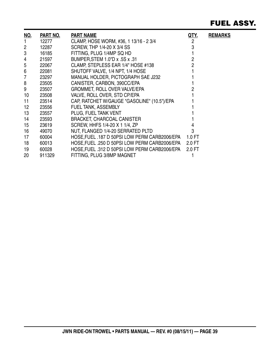 Fuel assy | Multiquip JWN24HSCSL User Manual | Page 39 / 86