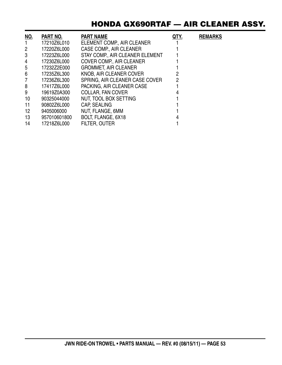 Honda gx690rtaf — air cleaner assy | Multiquip JWN24HSCSL User Manual | Page 53 / 86