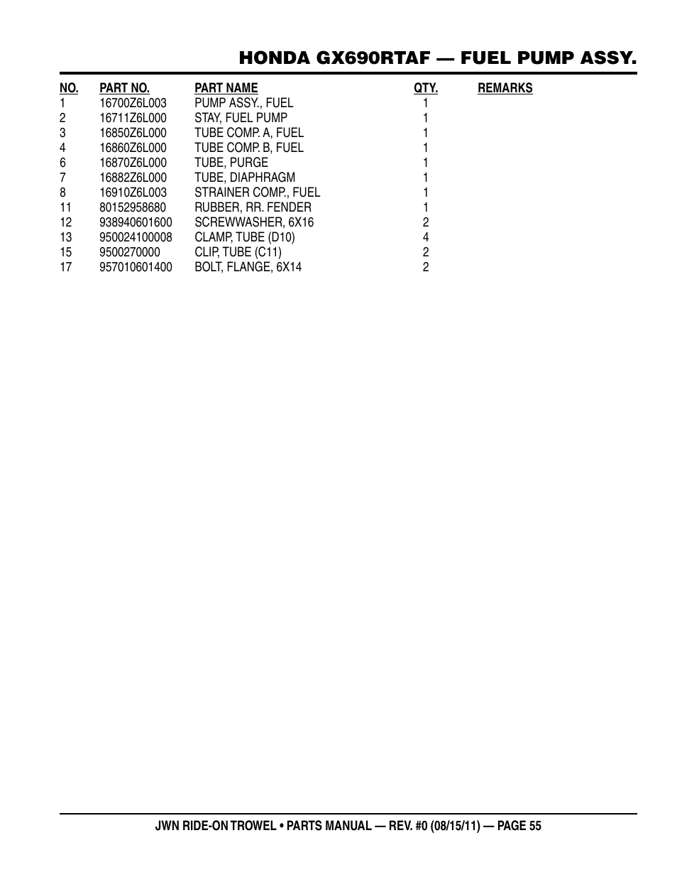 Honda gx690rtaf — fuel pump assy | Multiquip JWN24HSCSL User Manual | Page 55 / 86