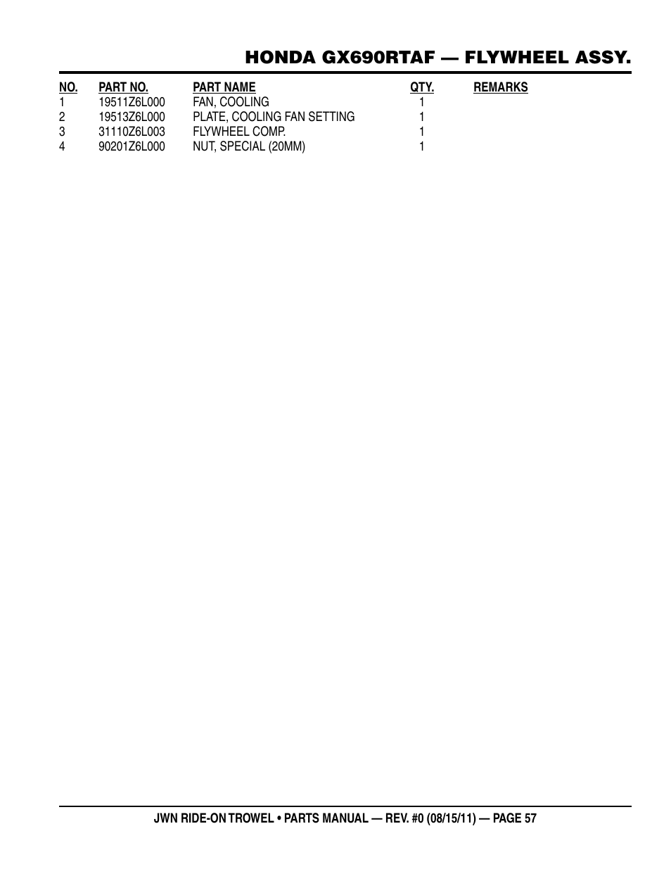 Honda gx690rtaf — flywheel assy | Multiquip JWN24HSCSL User Manual | Page 57 / 86