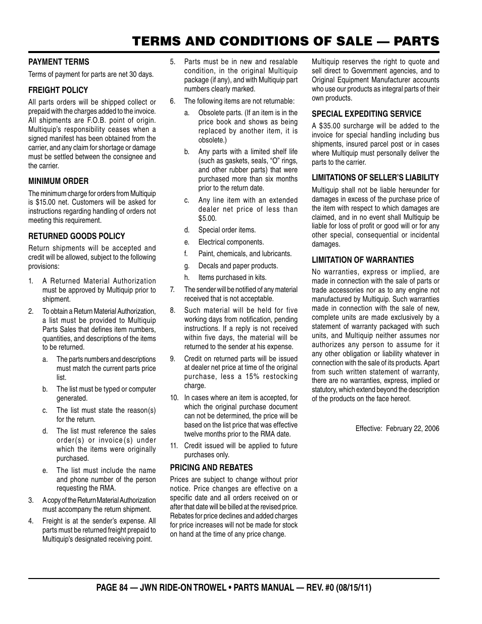 Terms and conditions of sale — parts | Multiquip JWN24HSCSL User Manual | Page 84 / 86