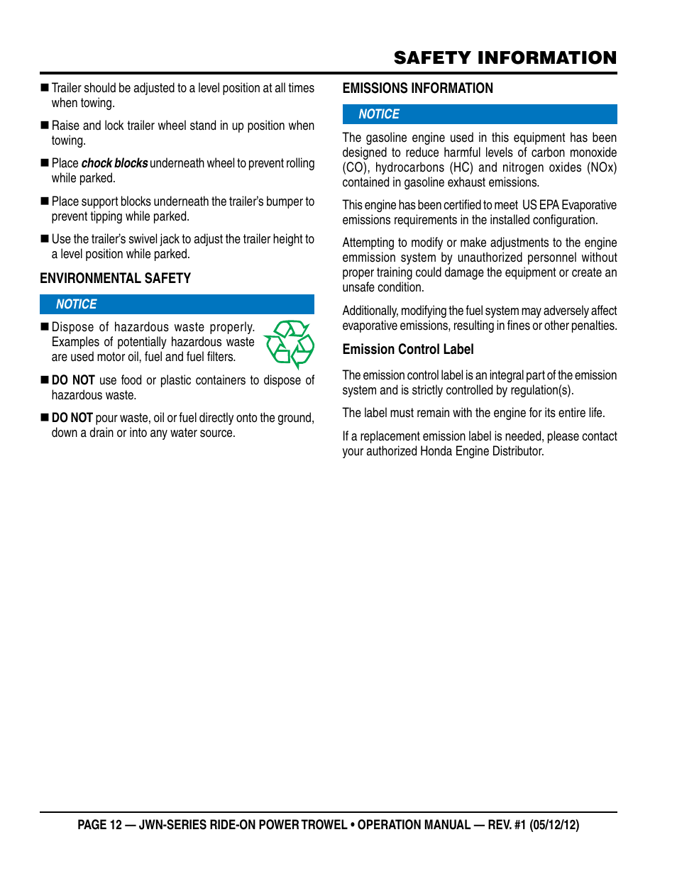 Safety information | Multiquip JWN24HSCSL User Manual | Page 12 / 44