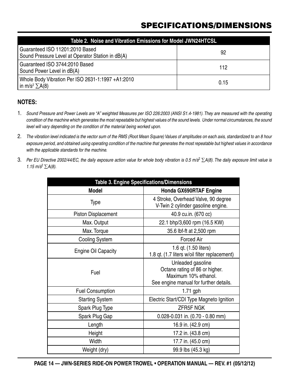 Specifications/dimensions | Multiquip JWN24HSCSL User Manual | Page 14 / 44