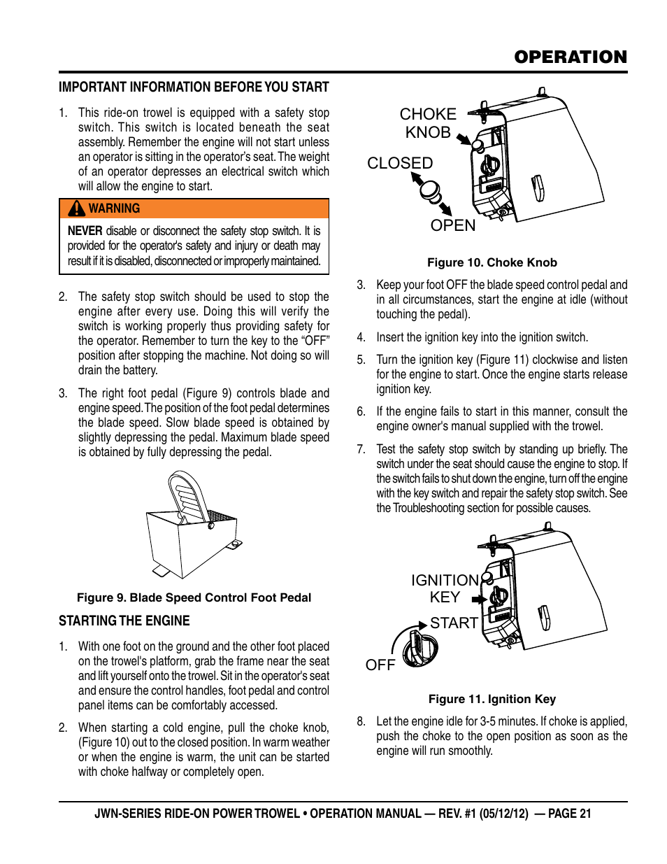 Operation, Choke knob closed open | Multiquip JWN24HSCSL User Manual | Page 21 / 44