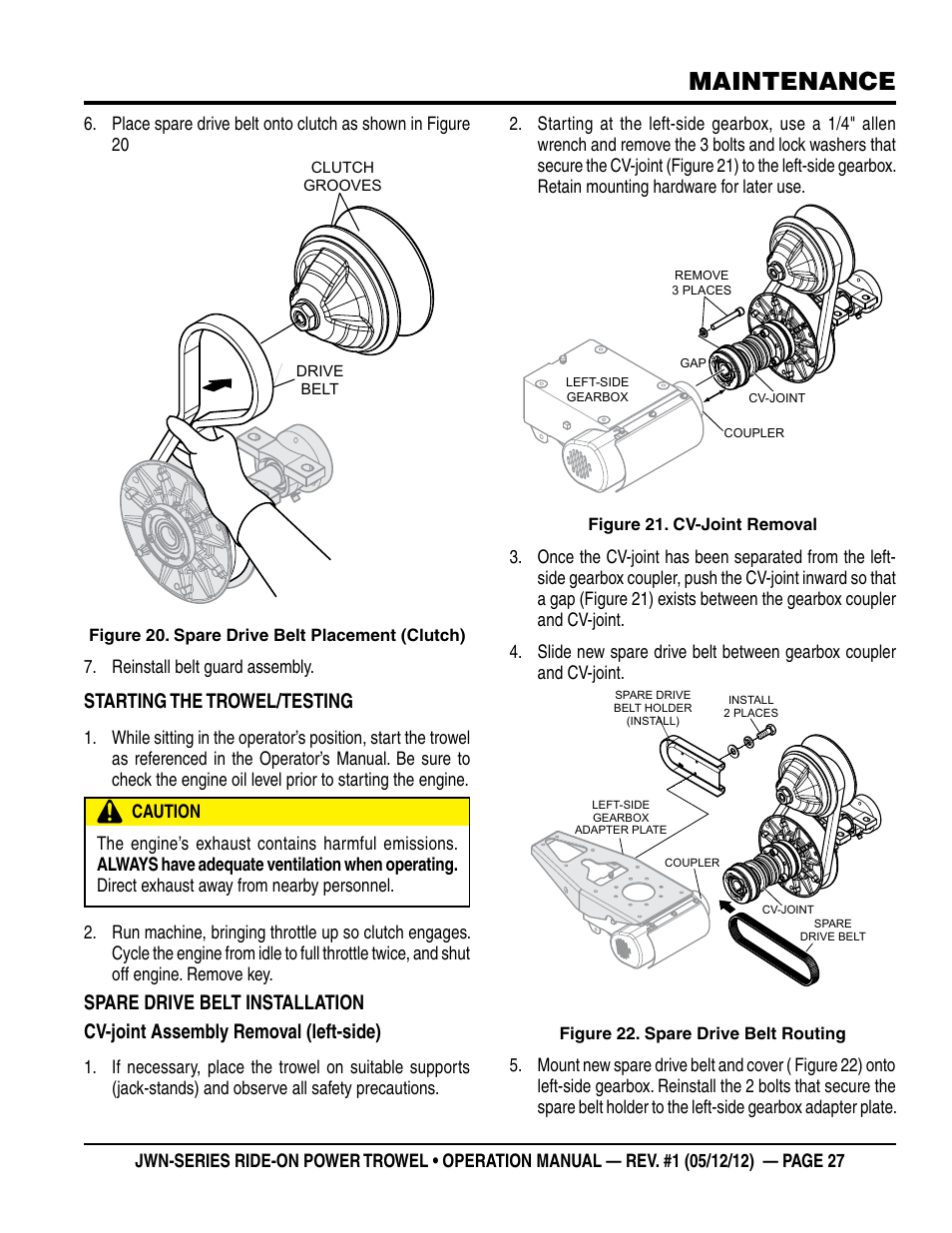 Maintenance, Starting the trowel/testing | Multiquip JWN24HSCSL User Manual | Page 27 / 44