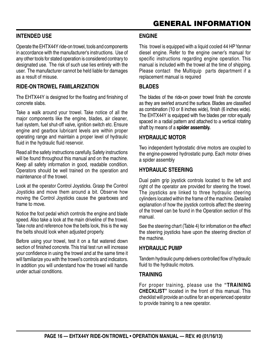 General information | Multiquip EHTX44Y5 User Manual | Page 16 / 50