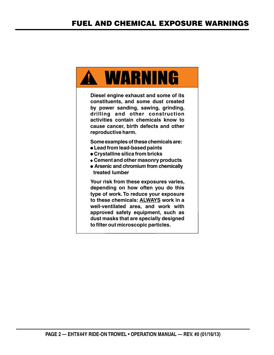 Fuel and chemical exposure warnings | Multiquip EHTX44Y5 User Manual | Page 2 / 50