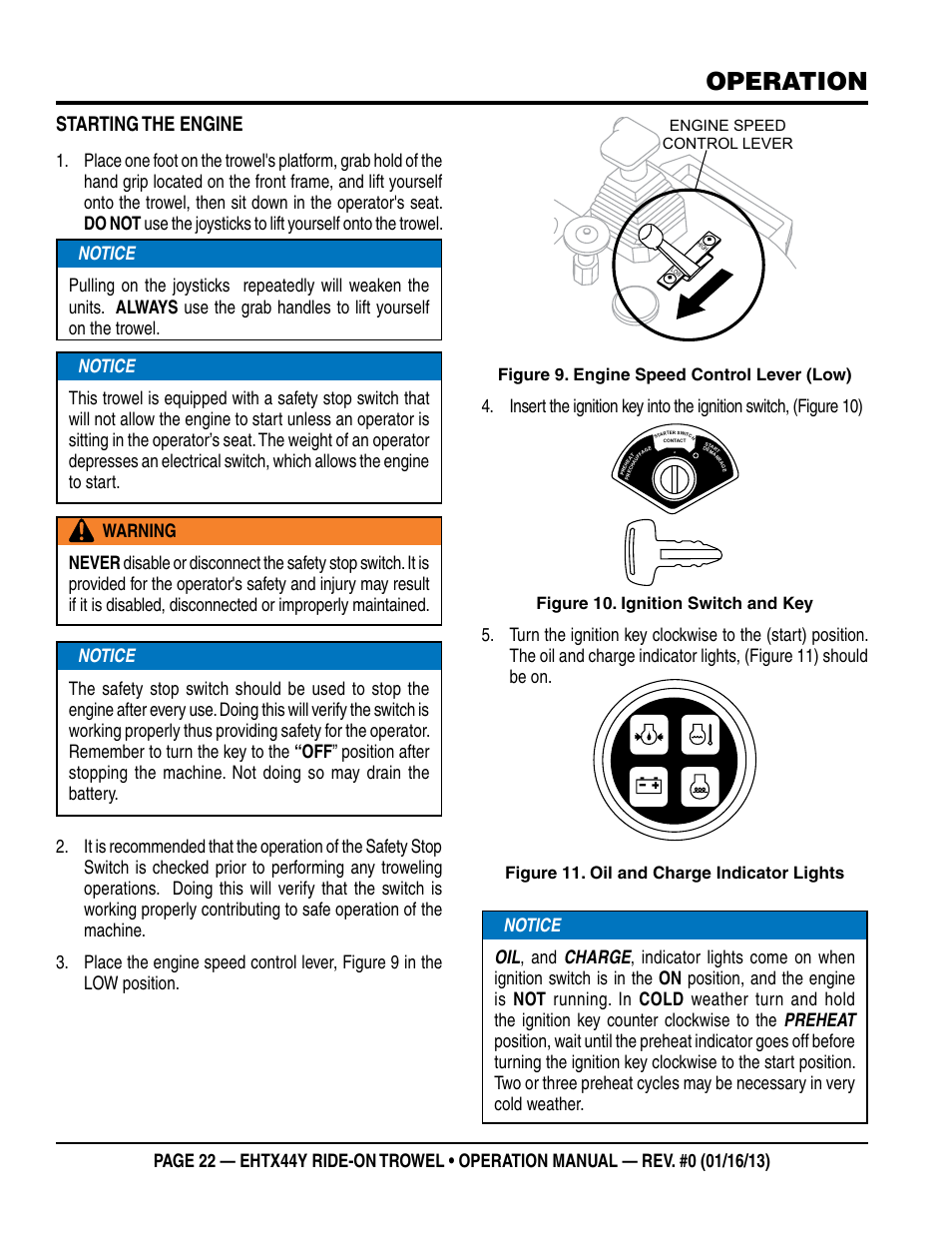 Operation, Starting the engine, Figure 9. engine speed control lever (low) | Figure 10. ignition switch and key, Figure 11. oil and charge indicator lights | Multiquip EHTX44Y5 User Manual | Page 22 / 50