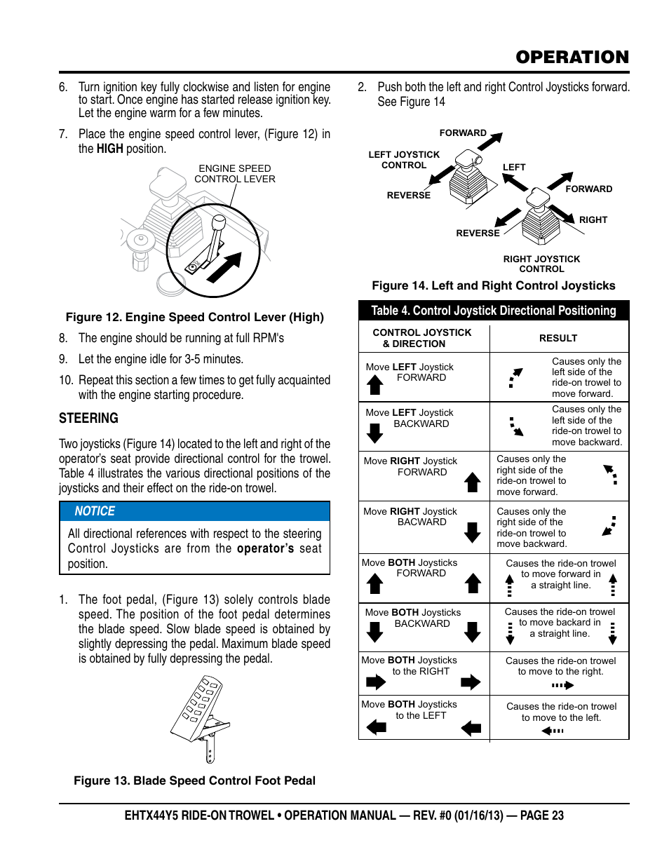 Operation, Steering, Table 4. control joystick directional positioning | Multiquip EHTX44Y5 User Manual | Page 23 / 50