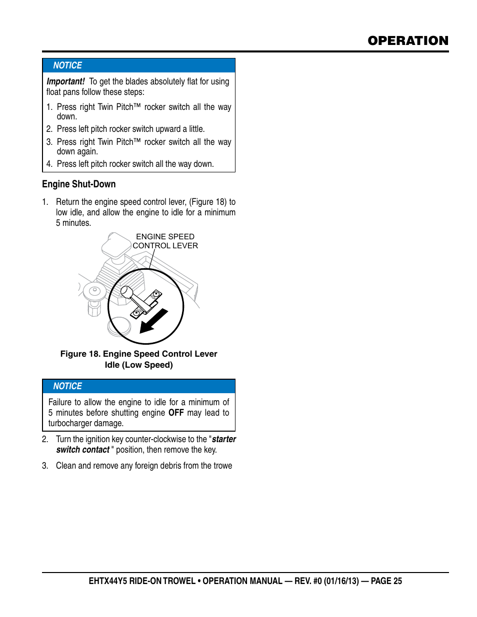 Operation, Engine shut-down | Multiquip EHTX44Y5 User Manual | Page 25 / 50