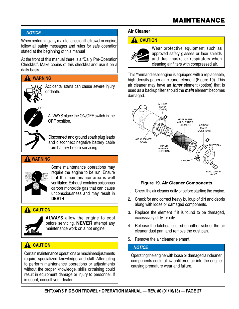 Maintenance, Air cleaner | Multiquip EHTX44Y5 User Manual | Page 27 / 50