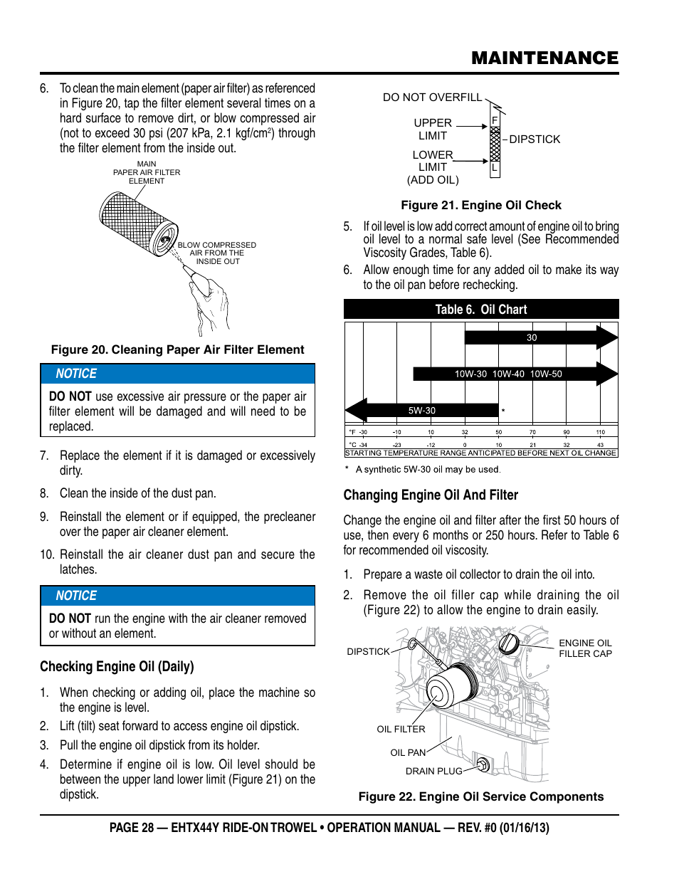 Maintenance, Checking engine oil (daily), Changing engine oil and filter | Multiquip EHTX44Y5 User Manual | Page 28 / 50